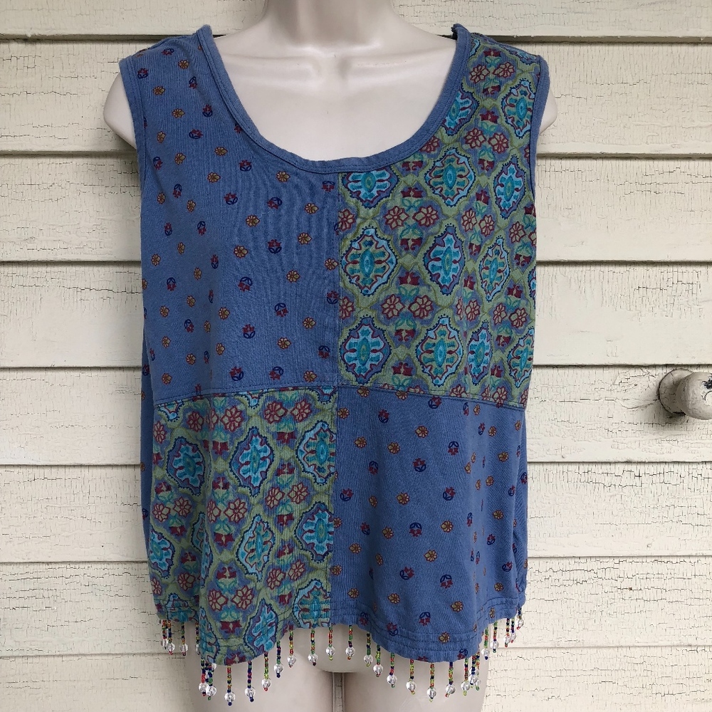 STAMP cotton printed beaded hemline sleeveless top